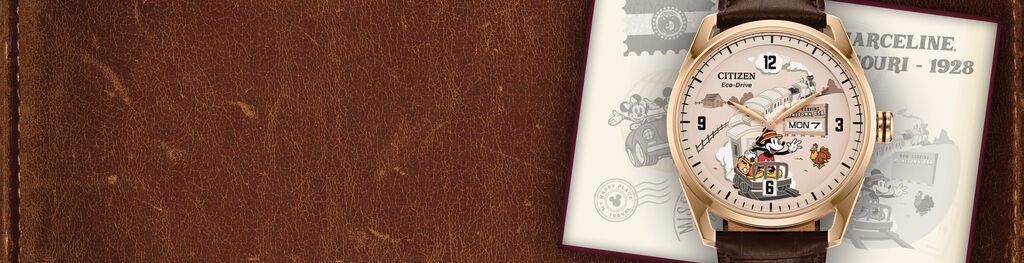 Men's Disney Watches: Featuring image of Hometown Mickey Mouse watch model AW0088-04W on a leather background