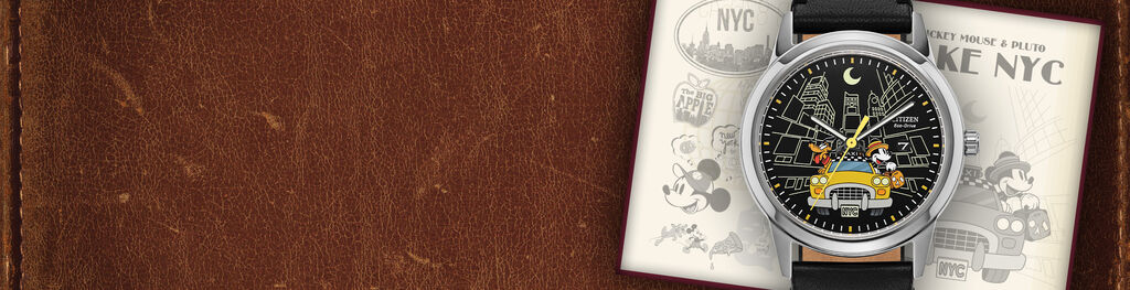 Women's Disney Watches; Featuring Mickey Mouse & Pluto Take NYC watch model AW1860-01W on a leather background