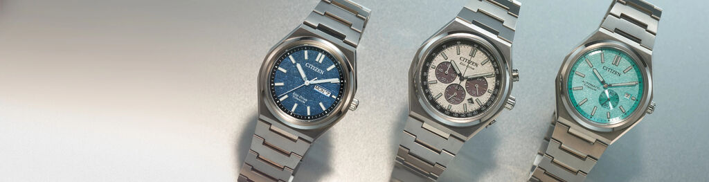 Shop the Zenshin collection watches. Banner image featuring models CA4610-85A, NJ0180-80M and AW0130-85L