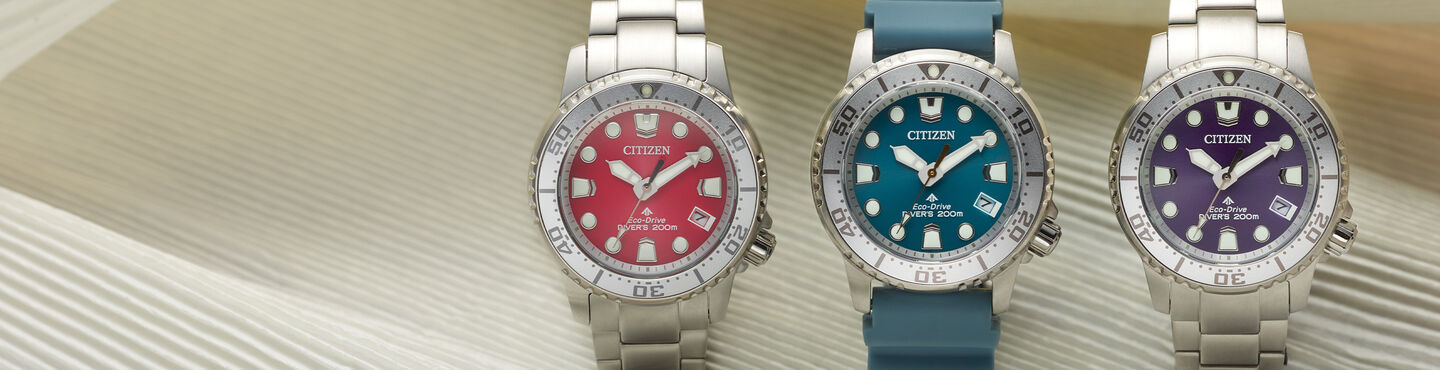 Women's Promaster Dive Watches; Image of Promaster Dive 37mm watch models EO2027-50Z, EO2027-50X and EO2027-09L